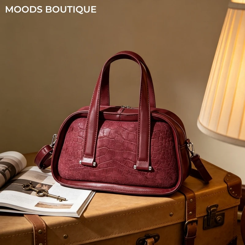 Retro Crocodile Textured Mini Boston Handbags For Women Dual Straps Commuter Shoulder Crossbody Bag 2026 Luxury Designer Handbag