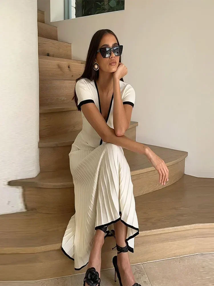 White Knit 2 Piece-Set Long Skirt For Women Vestidos Top And High Waist Maxi Skirt Sets Slim Elegant Ladies Outfits 2024