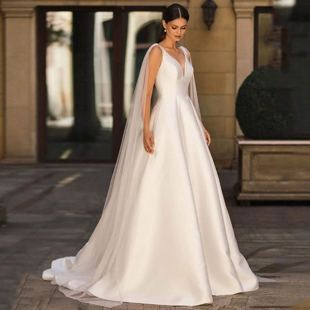 

Modern Lvory A Line Wedding Dress V Neck Satin Wedding Gowns for Women Sleeveless 2025 Floor Length I Long Bridal Dress