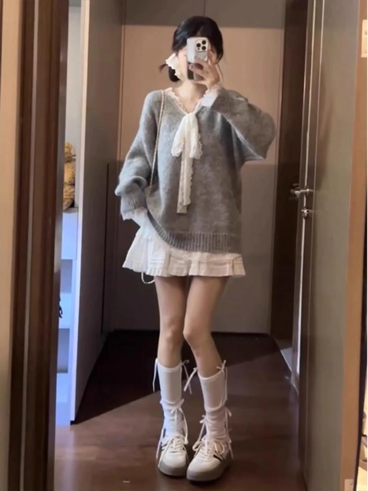 

ay Lace Splice Knot Long Sve Knitted Sweater Women's Loose Casual Personali Top V-ne Regular Knitwear