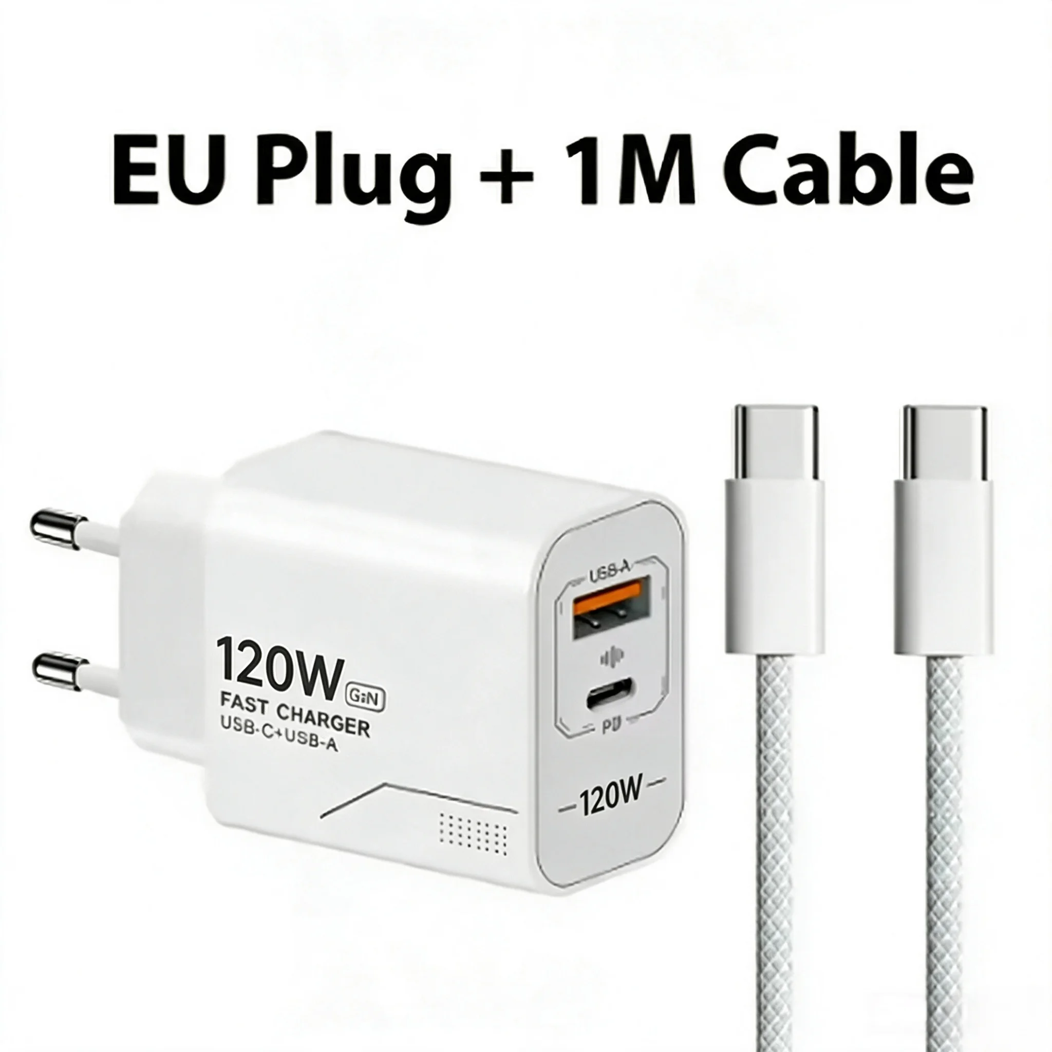 120W GaN USB-C oplader met 2 poorten, snelladen, telefoonoplader, voedingsadapter voor iPhone, Samsung, Xiaomi, type C, Amerikaanse stekker, wandlader