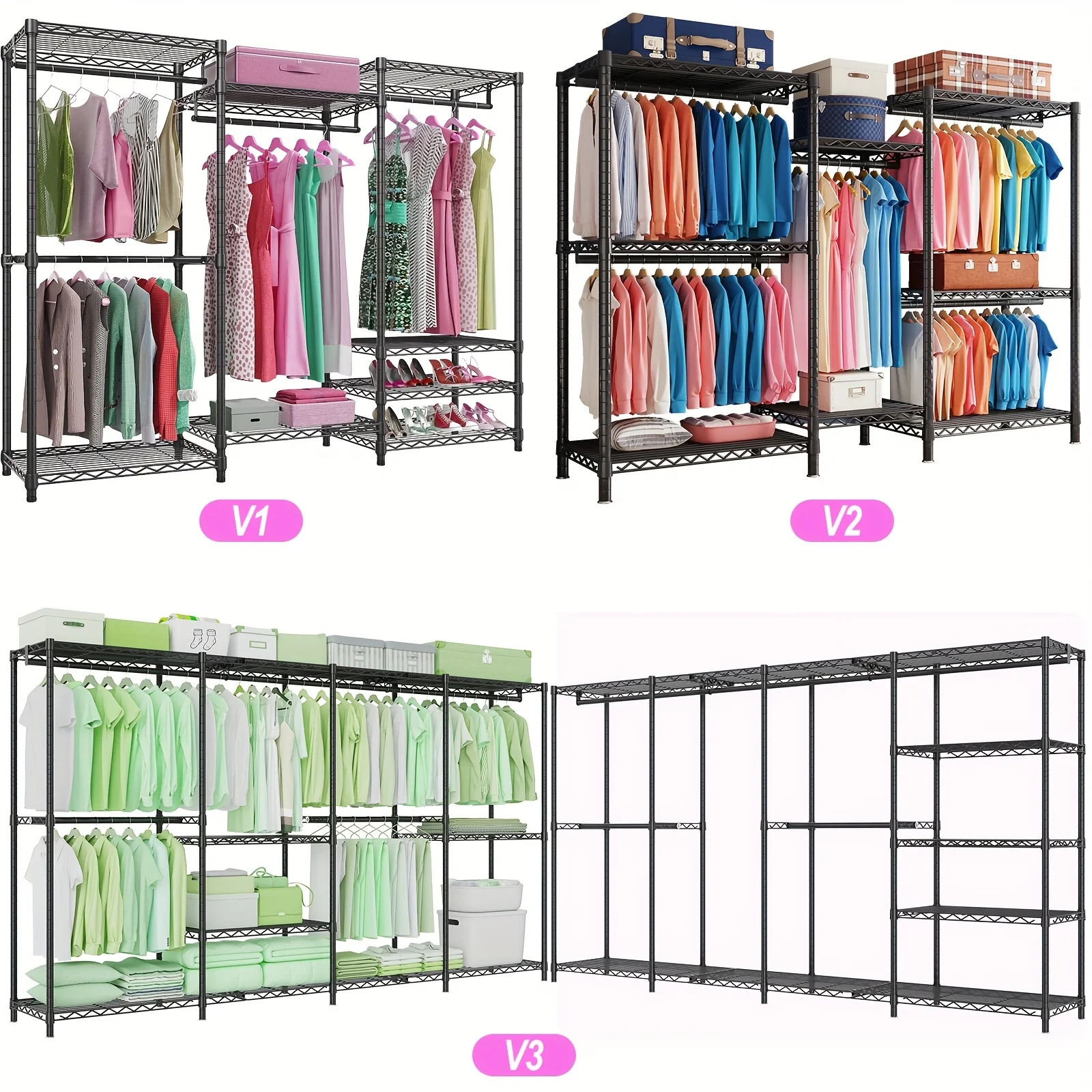 

3-Size Heavy-Duty Carbon Steel Clothing Rack System (68.7''/74.8''/77''W) | Modular Assembly Storage with 8 Mesh Shelves & 5 Hanging Rails | 1100LB Capacity for Clothing, Shoe Display & Warehouse Organization (76.8''H Ink Black)