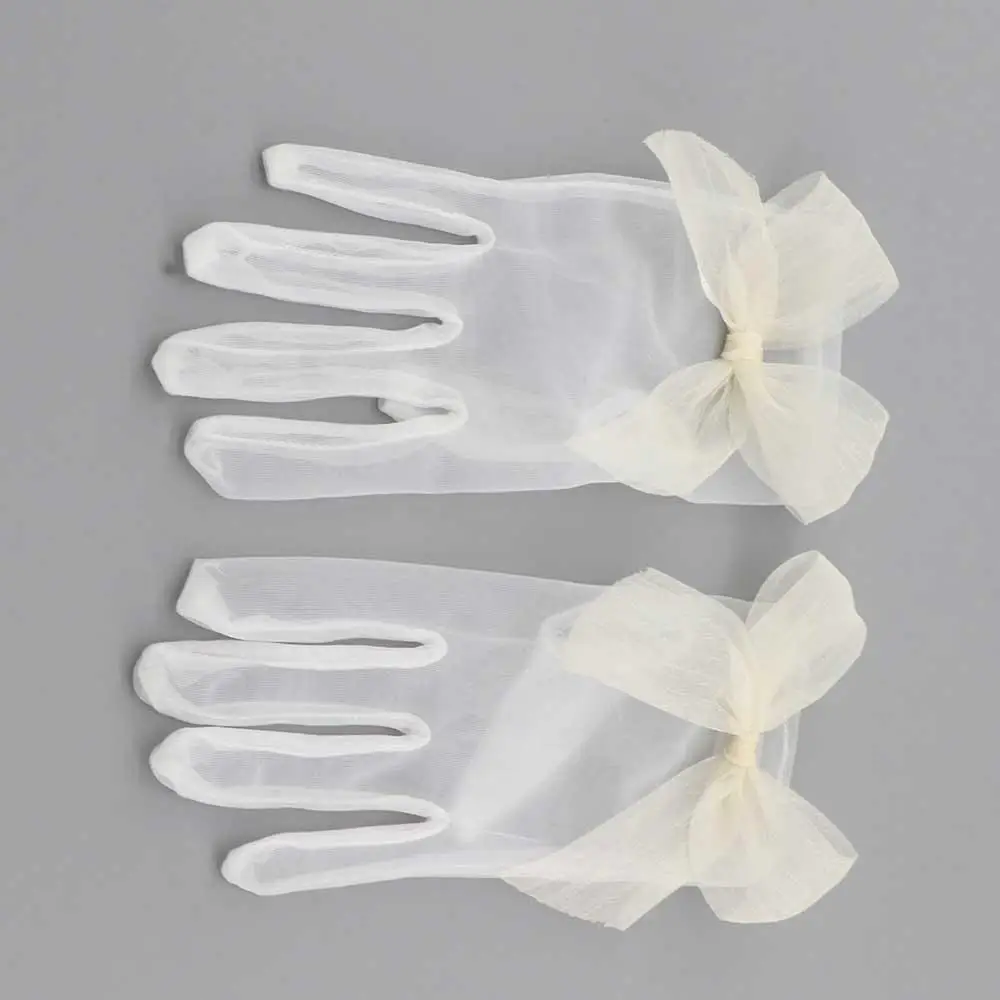 Elegant Hand-made Girl Women Lace Bridal Bow Tulle Mittens Short Wedding Gloves Pearl Finger Gloves