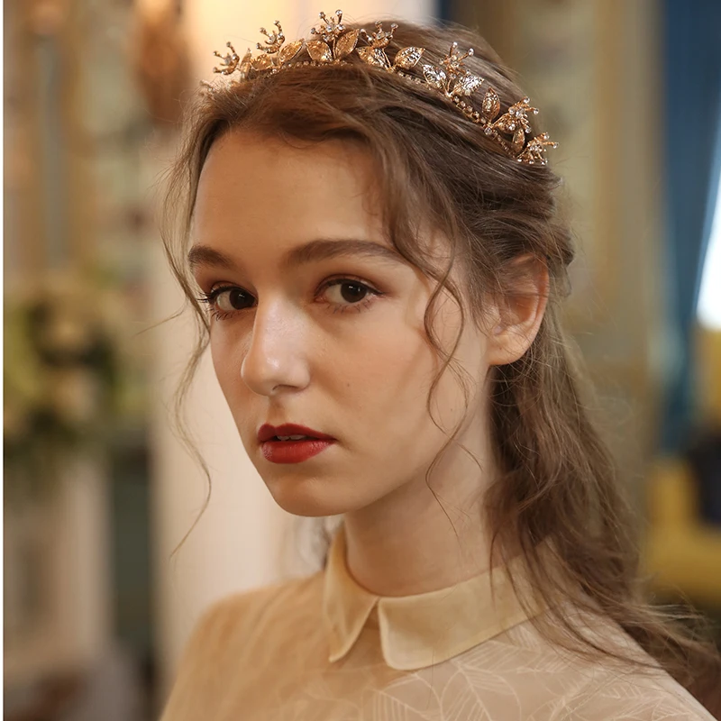 Baroque Women Hairband Gold Color Leaf Bridal Tiara Crown Rhinestone Wedding Hair Piece Handmade Accessories