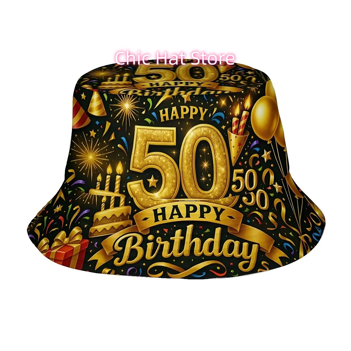 1pc 1pc Happy 50th Birthday Hat with Golden Ribbons & Candles Suitable for Men' & ', Unisex Printed Fisherman for Outdoor Golf B
