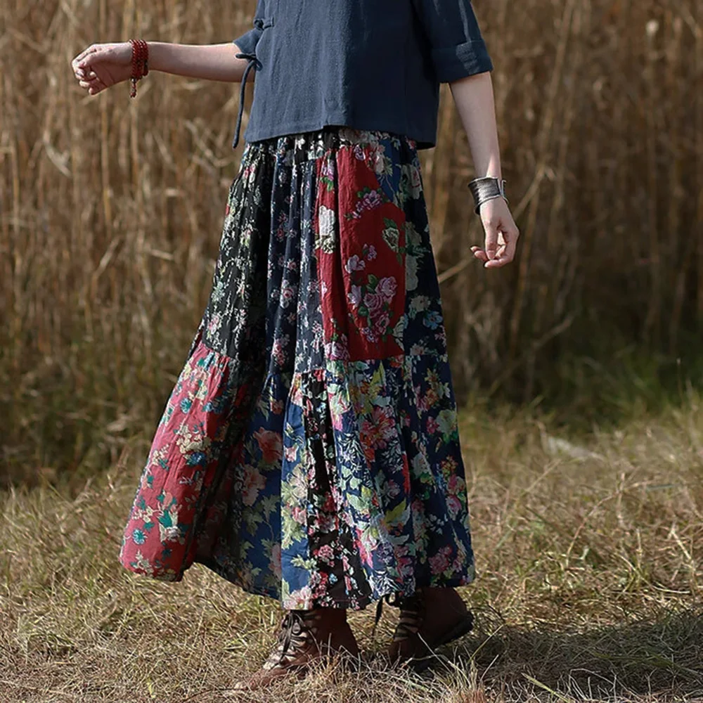 فستان نسائي طويل من القطن مُزين بنقشة الزهور، لون بوهيمي، فريد من نوعه، ماكسي متعدد الألوان، تنورة خصر مطاطية، فضفاضة كاجوال للربيع والصيف #2