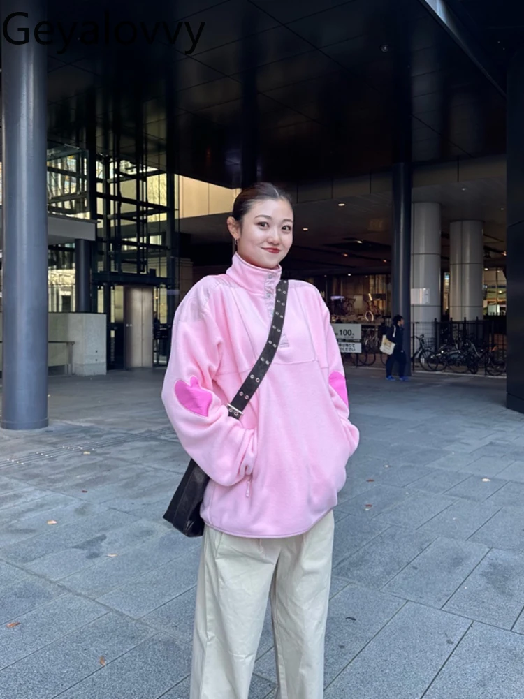 Japanese Style Women's Loose Pullover Color-Block Embroidery Fleece Long Sleeve Sweatshirt Fashion Autumn Winter Casual Hoodies