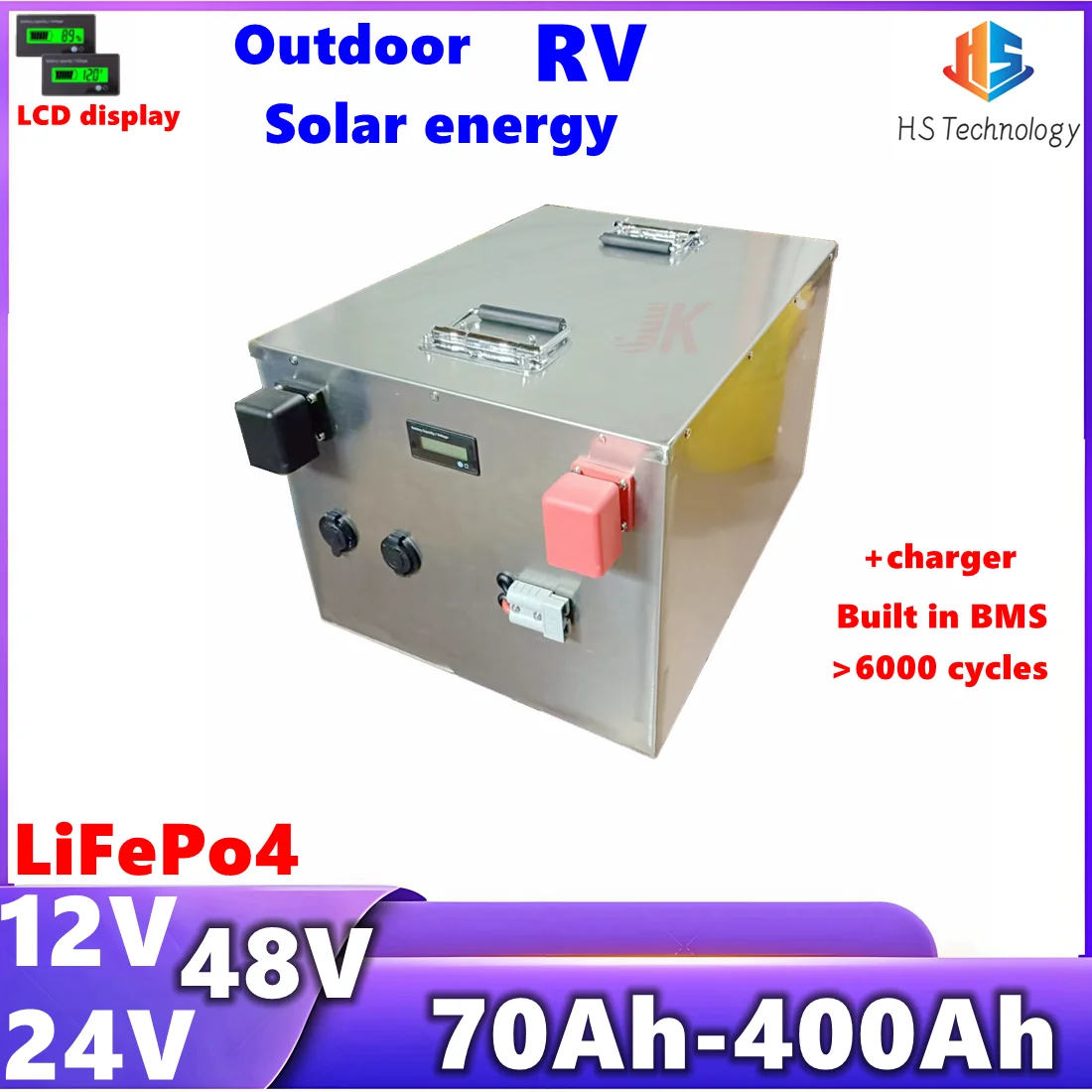 

HS 12V 24V 48V 100Ah 200Ah 280Ah 300Ah 400Ah LiFePo4 Lithium Battery For Solar,EVBoat,inverter Golf Cart,Outdoor,Camping,RV,AGV