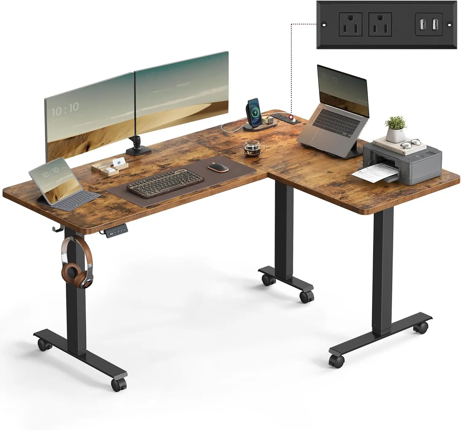 L Shaped Electric Standing Desk, 63x47.2 / 23.6x55.1 Inches, Height Adjustable Corner Desk with Power Outlets, 2 Memory Buttons