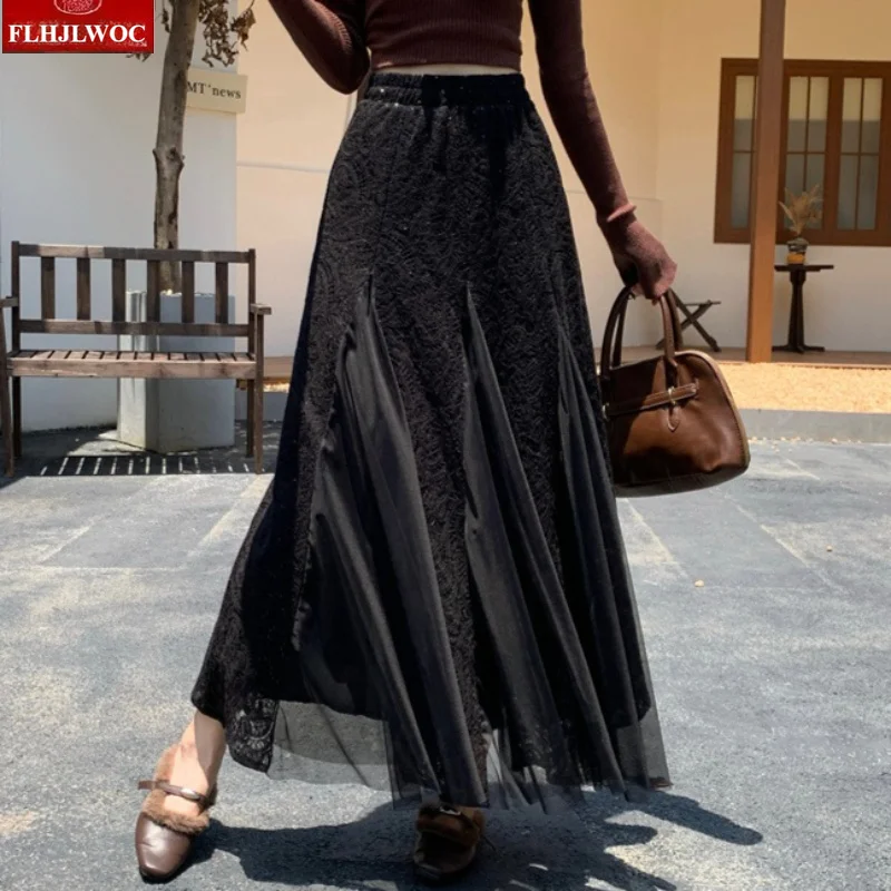 FLHJLWOC Long Maxi Skirt New Year Christmas Fashion Women’s Lace Mermaid‑Hem Skirt Embroidery Romantic Underskirt for Cheongsam