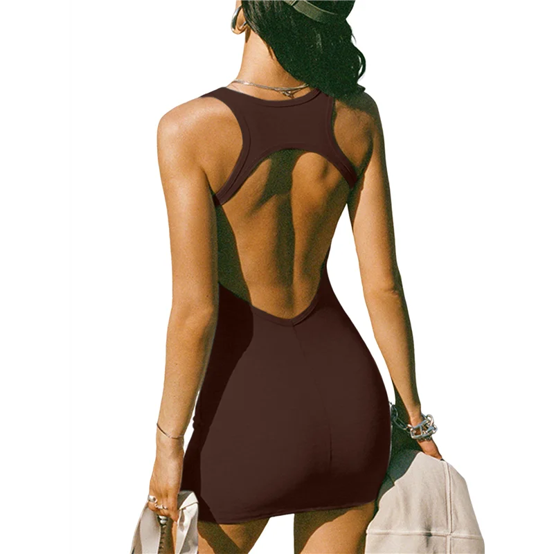 Womens Bodycon Mini Dress Backless Casual Cute Sundresses Ribbed Summer Tank Dress