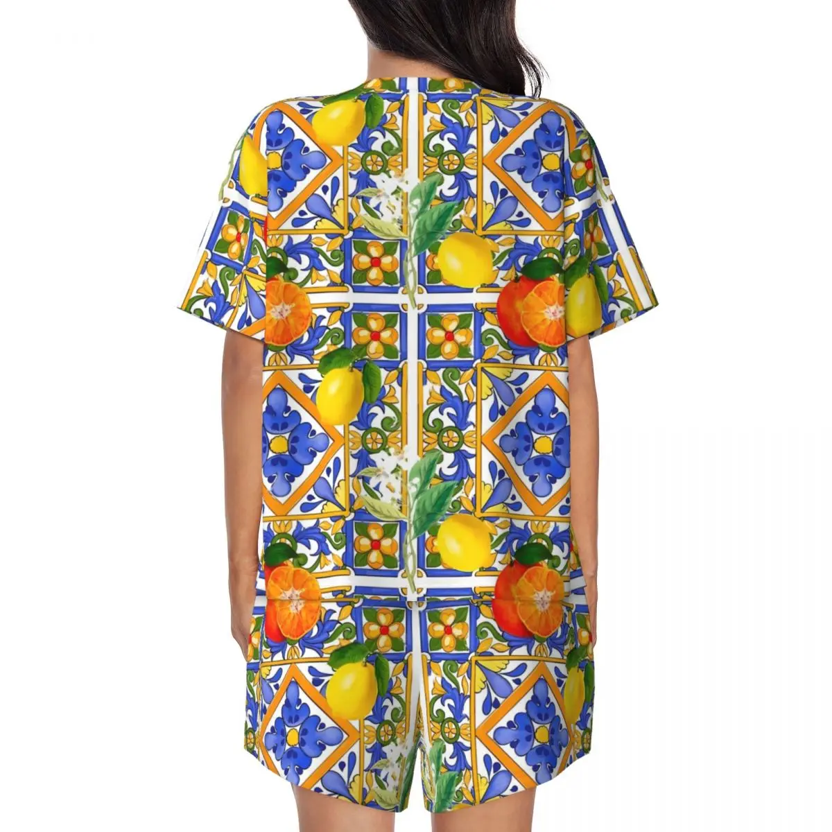 Retro Fruit Print Pajamas Summer 2 Pieces Citrus And Lemons Pajamas Set Woman Short Sleeve O Neck Aesthetic Pattern Nightwear