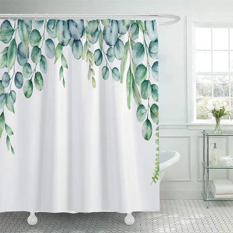 

Watercolor Green Leaf Minimalist Design For Bathroom Curtains Home Decor Accessories Cheap Affordable Shower Curtain With Hook