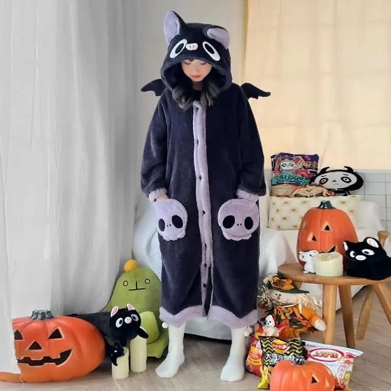 Bat Cosplay Hooded Nightdress With Pants 2 Piece Set Skeleton Witch Nightgown Set Winter Flannel Pajamas Set Halloween Nightwear