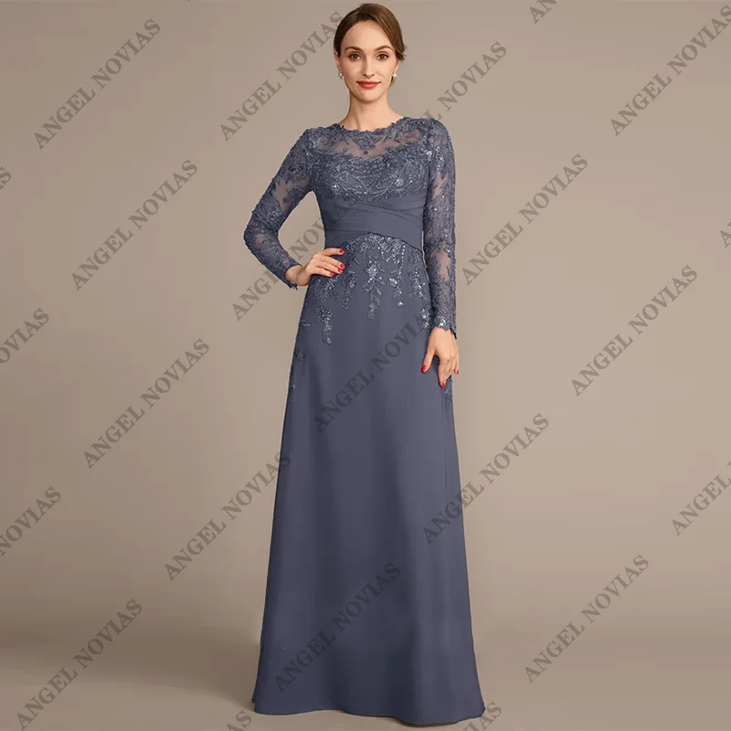 

Customized Long Sleeves Stormy Blue Mother of the Bride Dresses Evening Party Gowns Appliques Vestido De Festa De Casamento