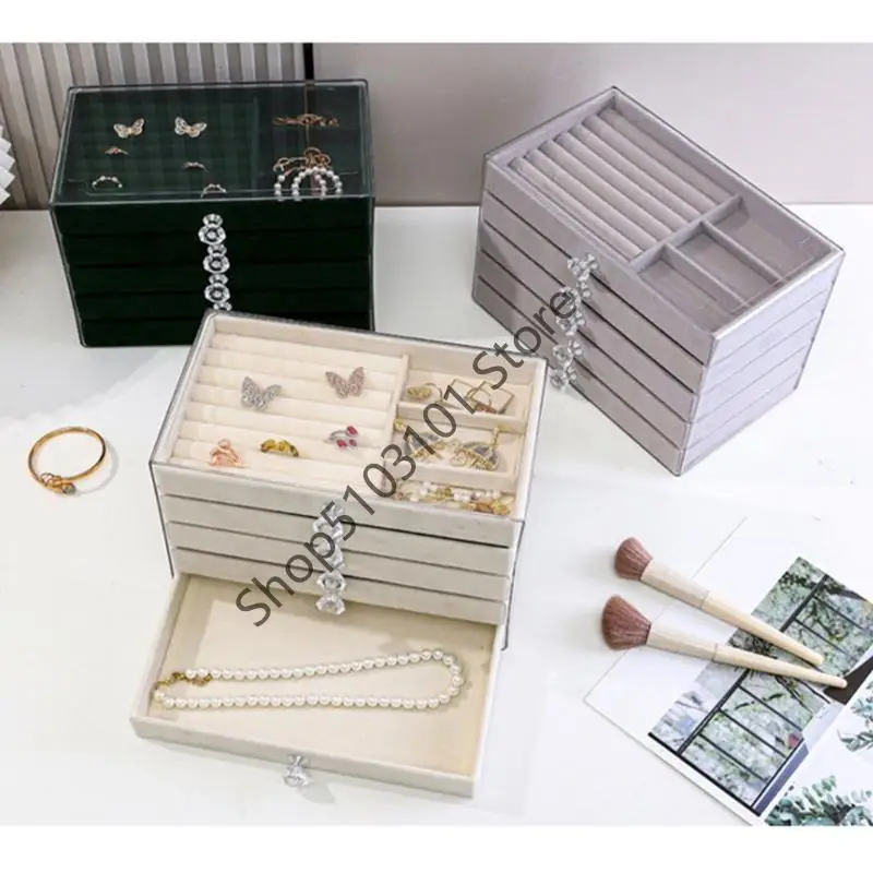 

X6HE PET Jewelry Display Case 5 Layer Adjustable Storage Organiser Velvets Interior for Earring Necklace Bracelet Collections