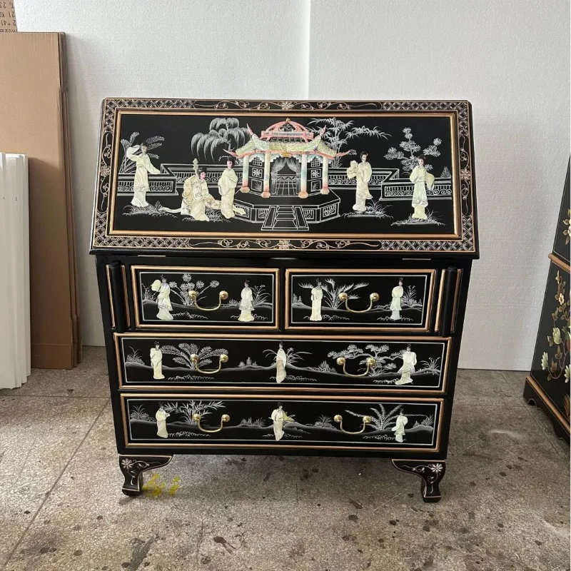 Beauty Shell Craft Dian Figure Inlaid Flip Folding Secretary Cabinet Four Buckets Locker PU Bright Baking Paint