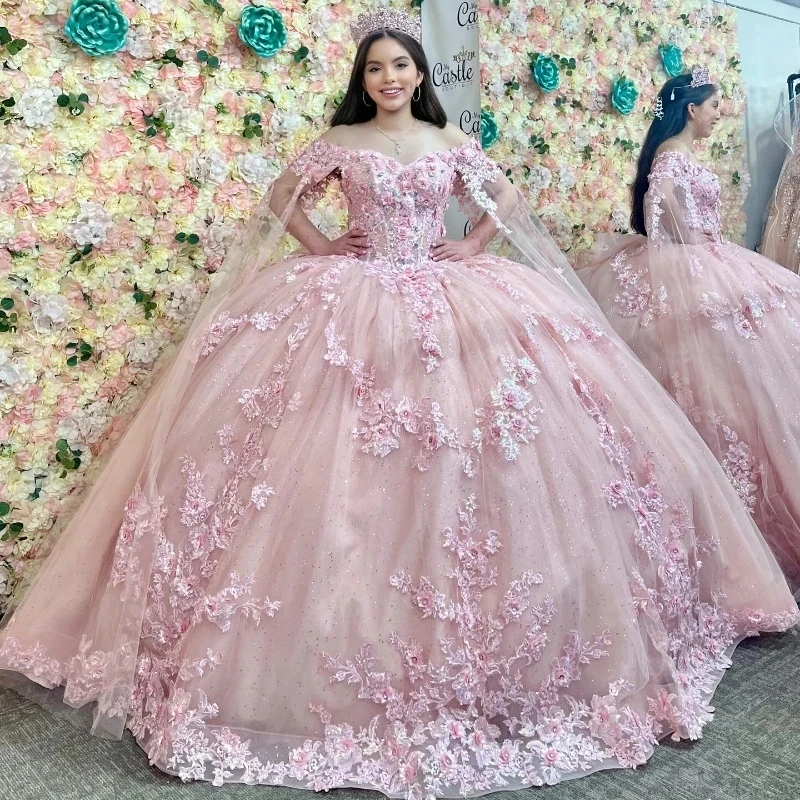 

Pink Princess Quinceanera Dresses Off Shoulder 3D Floral Beads Tull Ball Gown Coset vestido 15 quinceañeras dorado Sweet 16