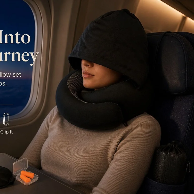 Hooded Neck Pillow Memory Foam U-shaped Pillow with Storage Hood Pocket Airplane Car Train Travel Sleeping Neck Support Pillow