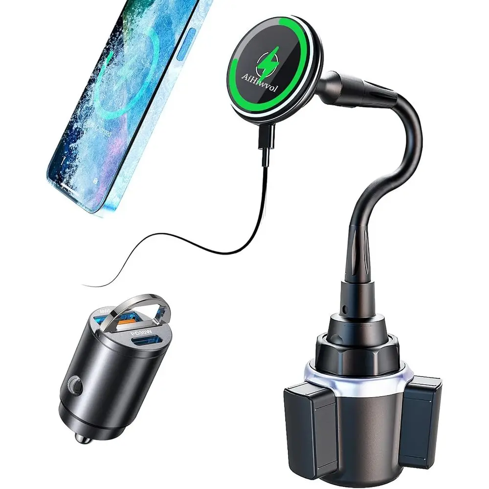 

15W Magnetic Cup Holder Wireless Charging for iPhone 17 Series with 30W PD3.0 & QC4.0 Car Adapter