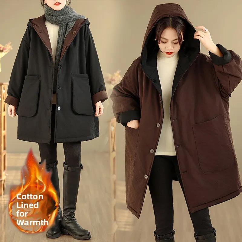 

Double-Sided Wear Thiened Cotton Jaet Women's Casual Warm Outerwear Winter Faion Loose Fit Hooded Mid-Length Coat