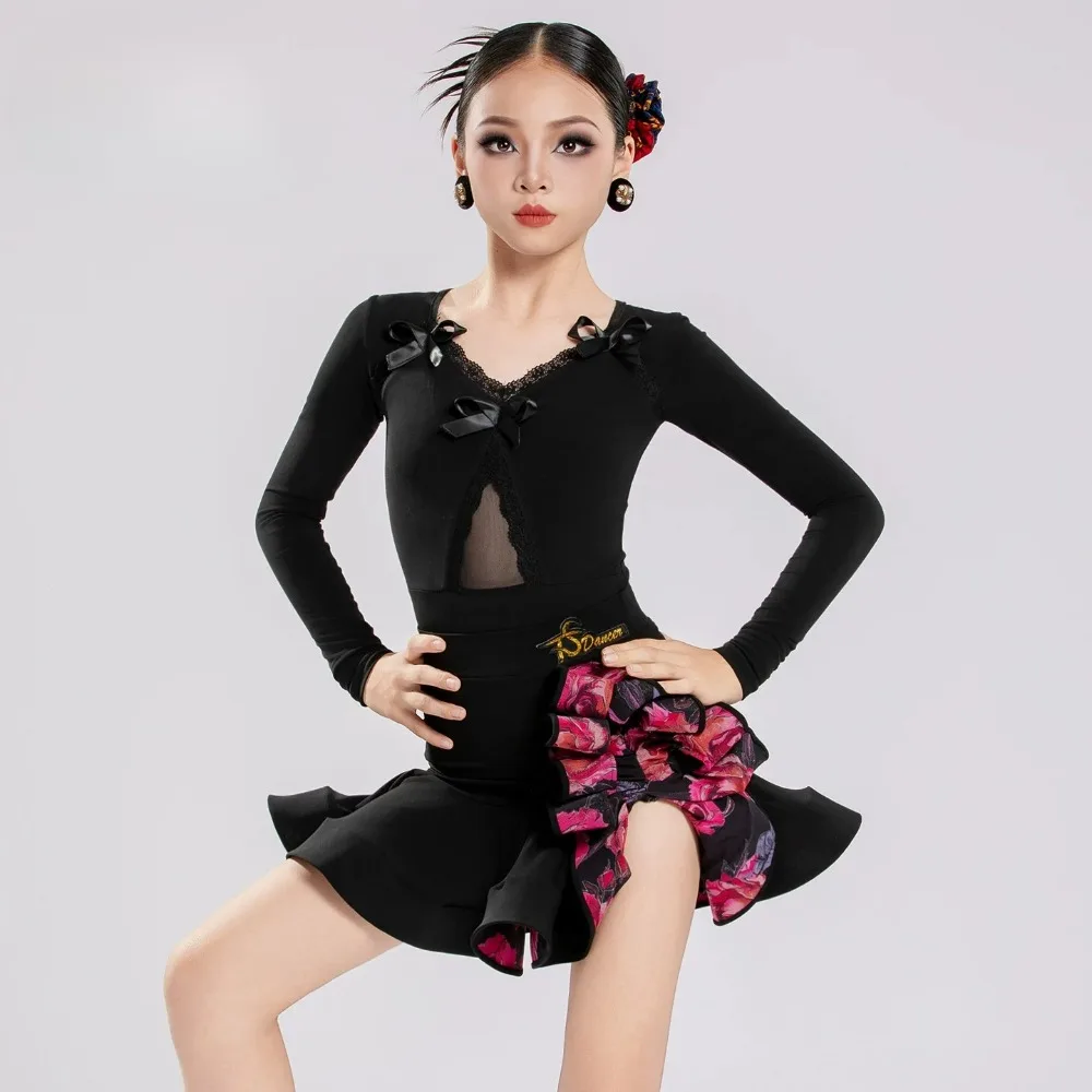 Girls' Latin Dance Long Sleeve Dance High-end Practice Training Performance Lace Class Uniform Professional Latin Dance