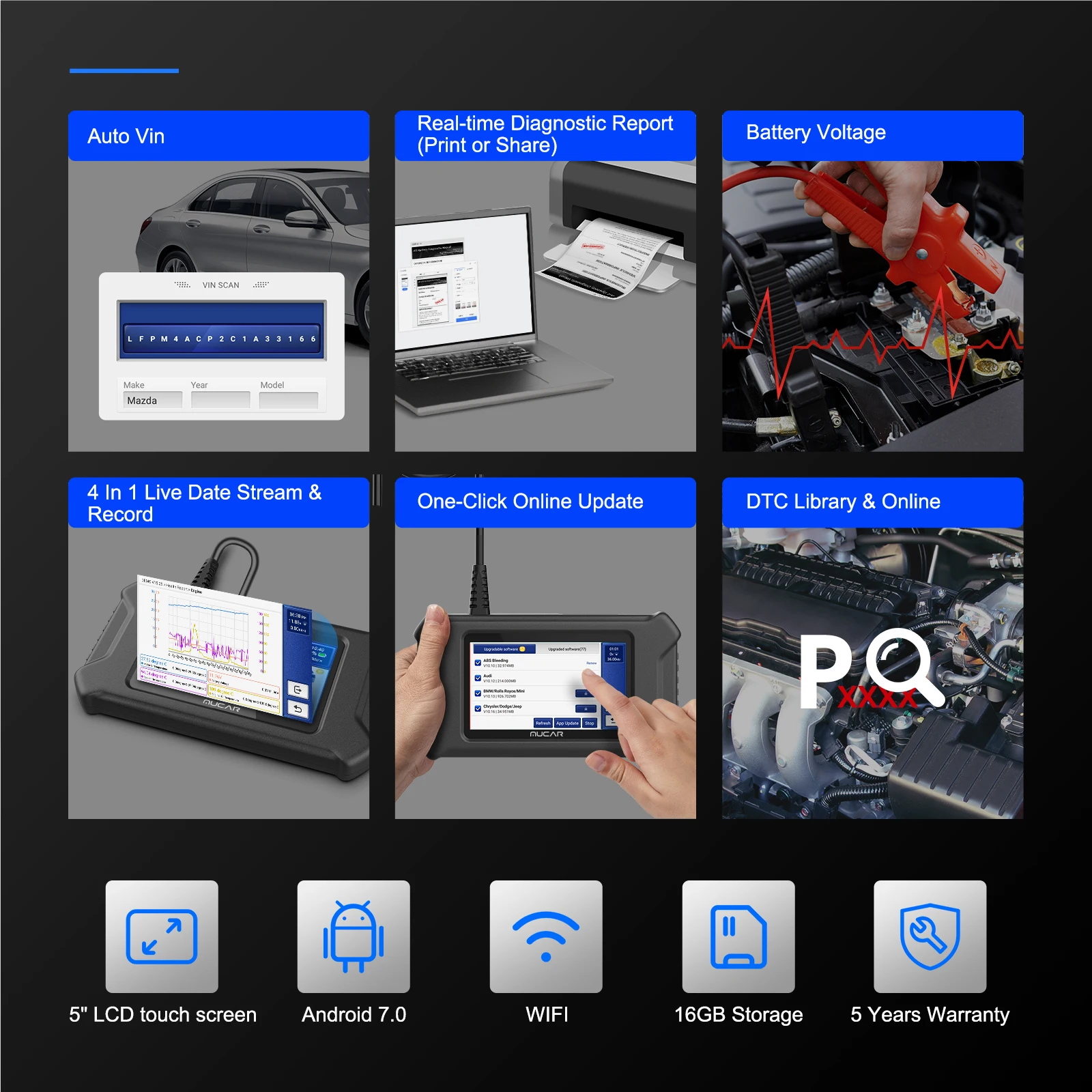 Mucar CS6 OBD2 Diagnostic Tool Scanner Car with 6 System Scan 7 Reset Service Free Update ABS SRS Engine EPB SAS TBA Reset Tool