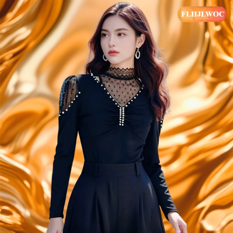 

New Year Christmas Turtleneck Sheer Mesh Tops Blouse Woman Office Elegant Bling Beaded Patchwork Black Lace Top Sexy Basic Shirt