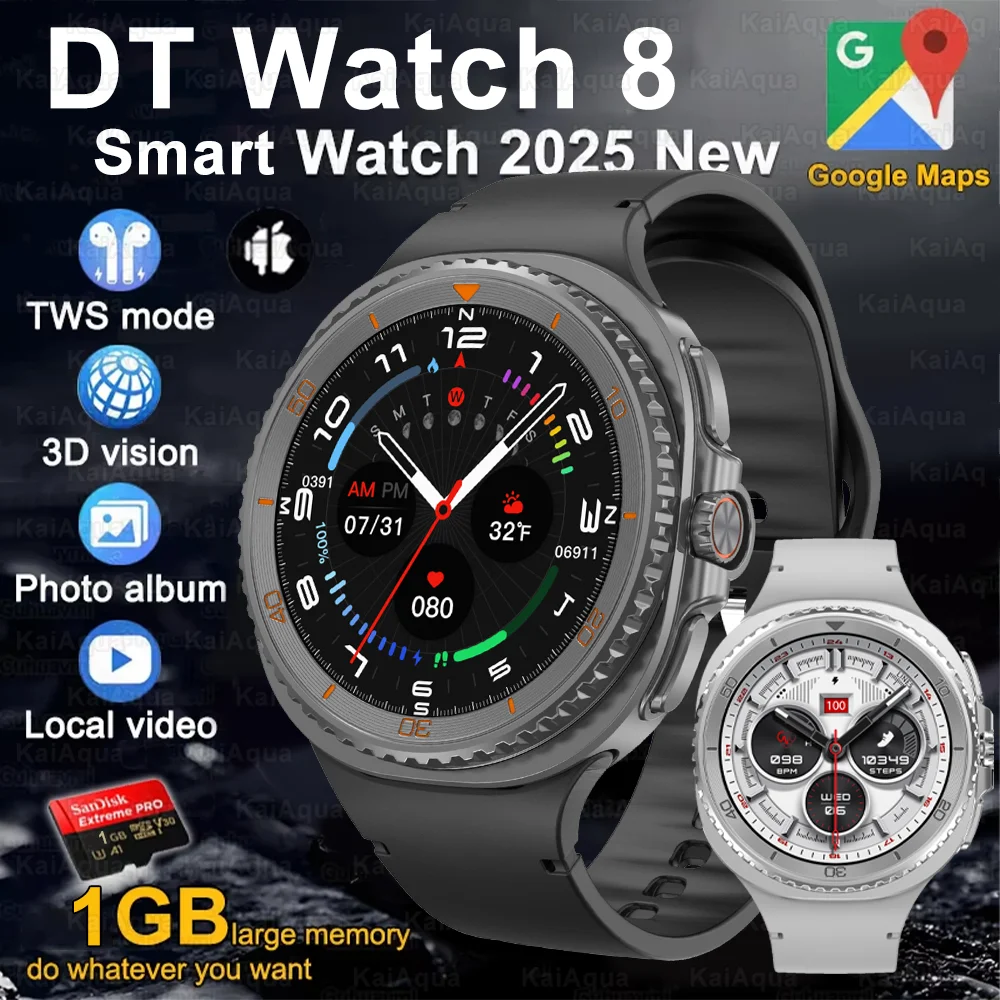 Nowy Smartwatch DT Watch 8 Classic 2025, 1 GB Pamięci, Muzyka, Wideo, Połączenia Bluetooth, Wodoodporność IP68, Ekran AMOLED, Kompatybilny z Słuchawkami TWS