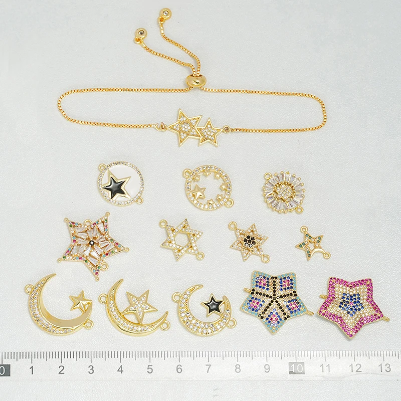 11Pcs Star Moon Inlay Colorful Zircon Enamel Connector for Diy Jewelry Accessories Bracelet Necklace Making Brass Part Wholesale