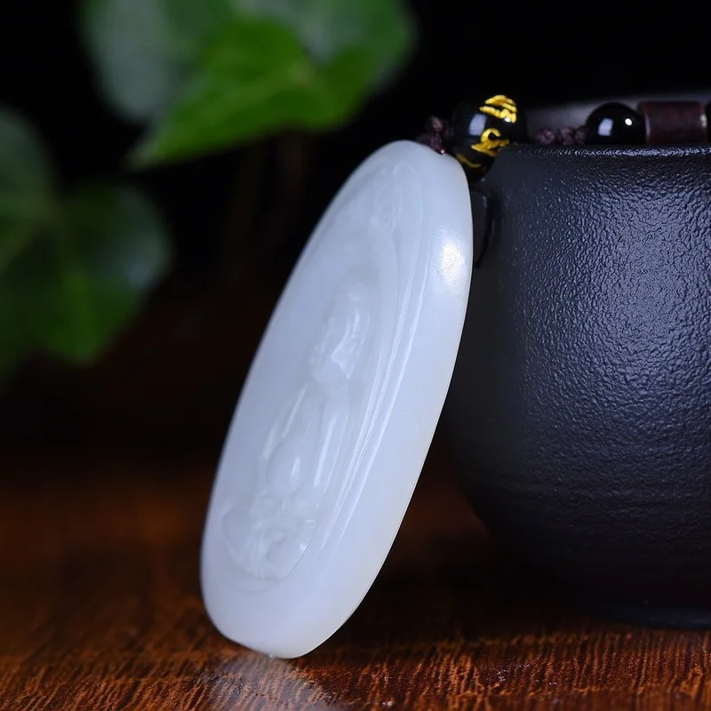 Hetian Sakyamuni Guanyin , White Jadeite Pendant, Bodhisattva Jade Amulet Men And Women