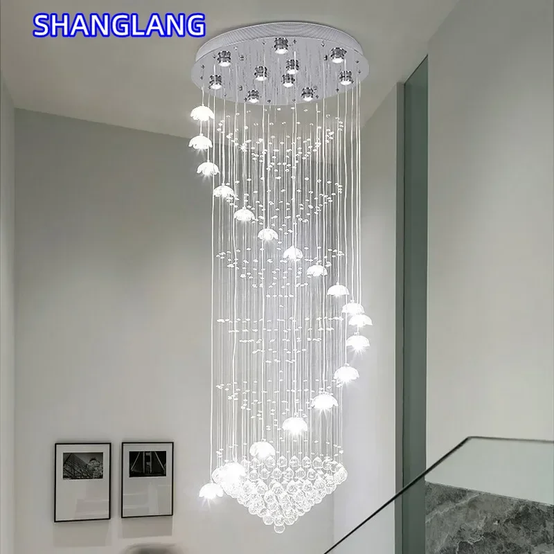 Crystal Bright&Shining Modern Design Indoor Decor Long Stair Pendant Light for Living Room Hotel Lobby Chandelier Lighting