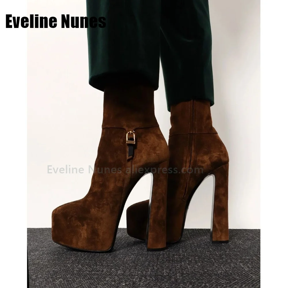 Women Brown Faux Suede Platform Ankle Booties Pointed Toe Chunky Block Heel Gold Buckle Decor Side Zipper Boots Elegant Trend