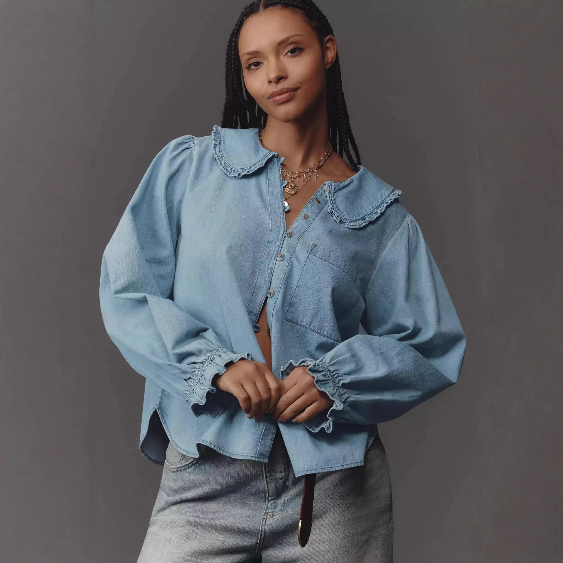 

2025 Autumn New Light Blue Peter Pan Collar Ruffled Cuff Denim Long Sleeve Shirt Women Loose Retro Top