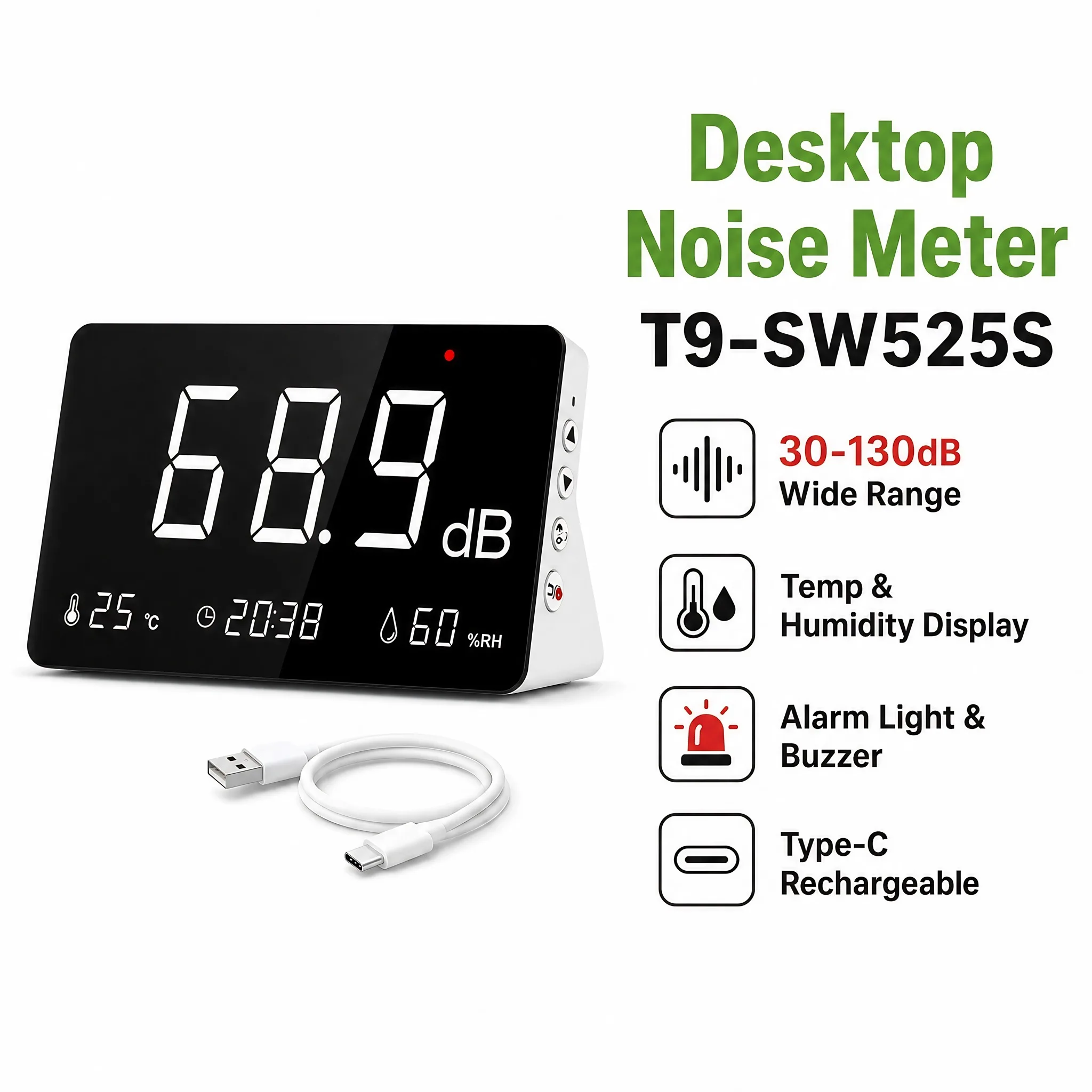 Digital Decibel Sound Level Meter 30‑130dB A‑Weighted Noise Meter Alarm Rechargeable 26000 Data Log Export Noise Testing Tool