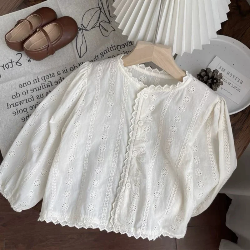 

Girls' French Sweet Lace Long Sleeve Cardigan Shirt for Spring/Summer 2026 Korean Style Western Lace Top Children's Gift 1-8T