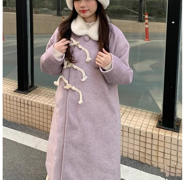 

Mao Mao Doll Collar Woolen Jacket Women's Winter Long Purple Sweet and Cute Corner Button Slant Placket Padded Cotton Coat