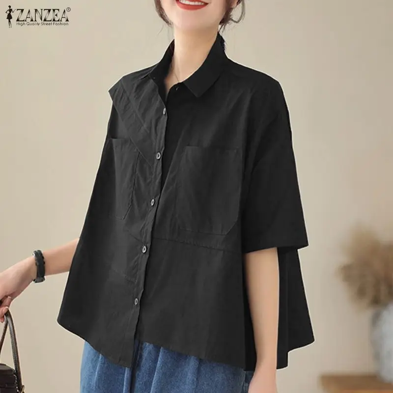 2026 zanzea verão camisas femininas meia manga casual túnica topos moda lapela retalhos assimétrico blusa feminina blusas soltas