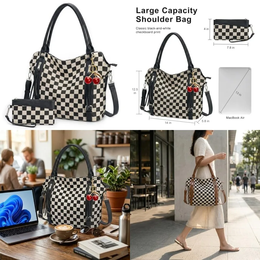 

Checkered Crossbody Bag, Brown Checkered Purse, Large Capacity Shoulder Bag, Handbag with Wallet and Cherry Charm