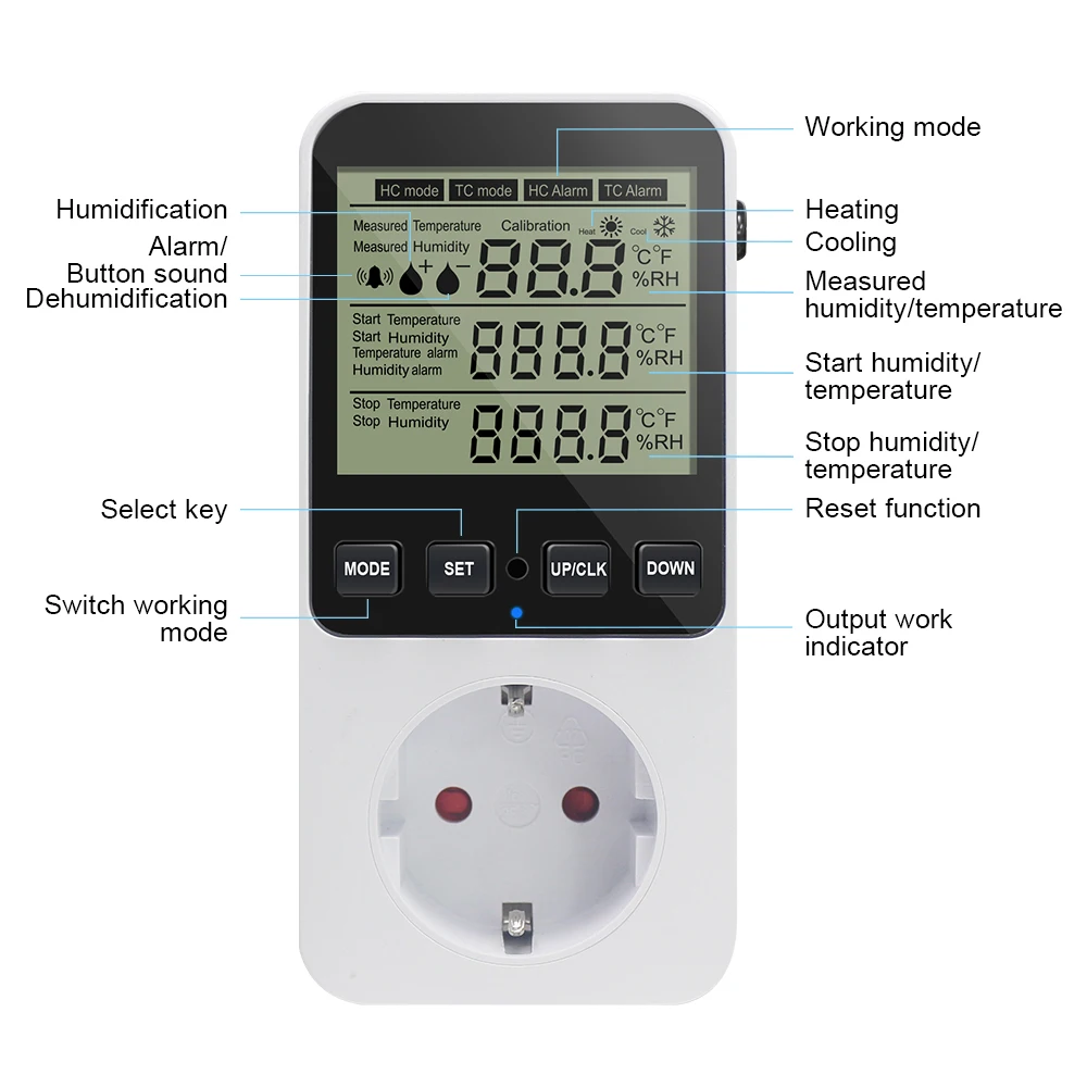 KT3400 Digital Thermostat Humidity Temperature Controller 220V Switch C/F Socket Heating Cooling Alarm With Temperature Sensor