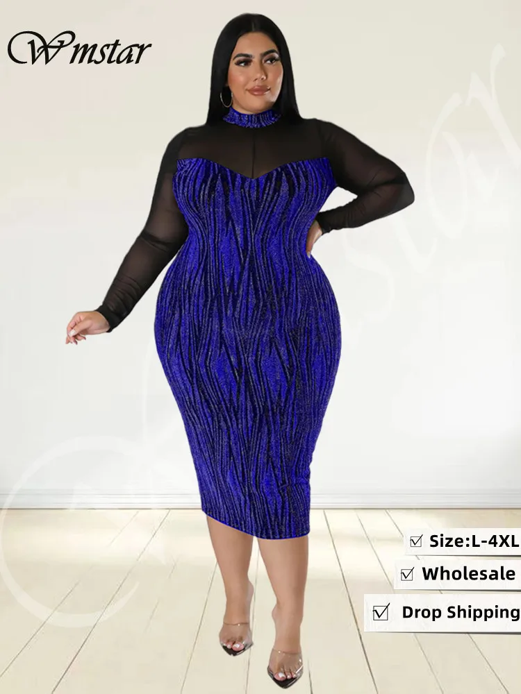 Wmstar Plus Size Dress Women Sexy See Through Mesh Patchwork Maxi Dress Fashion Sexy Club Outfits Wholesale Dropshipping 2022