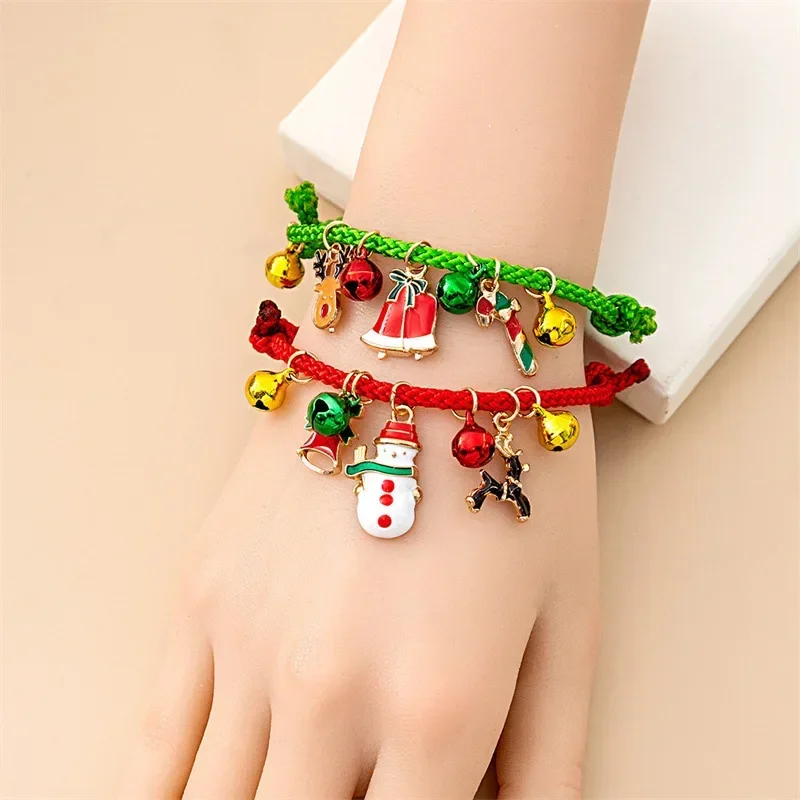 Fashion Hand Braided Red Rope Christmas Charms Elk Bell Bracelet Cartoon Drops of Oil Adjustable Santa Claus Cane Candy Gifts