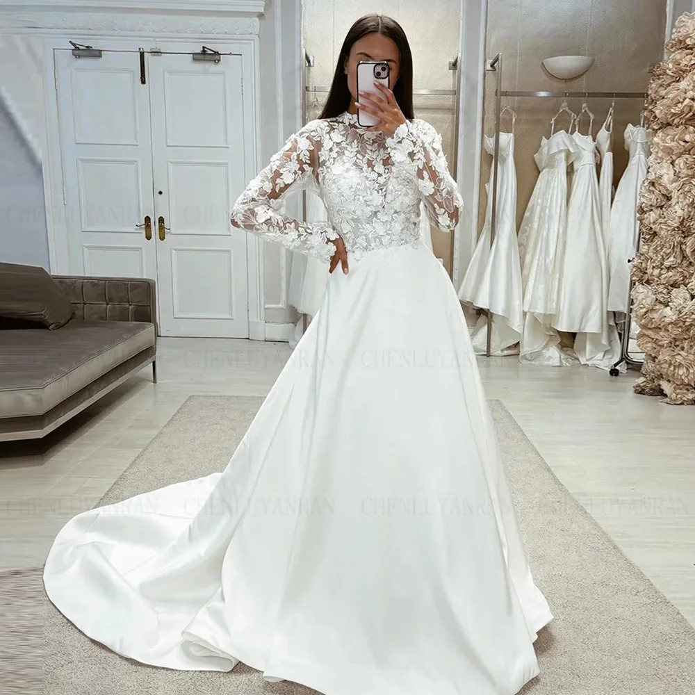 High Neck Wedding Dresses Lace Up Cover Back Long Bride Dress A-line Full Sleeves Satin Dress For Women 2024 Robe De Mariée