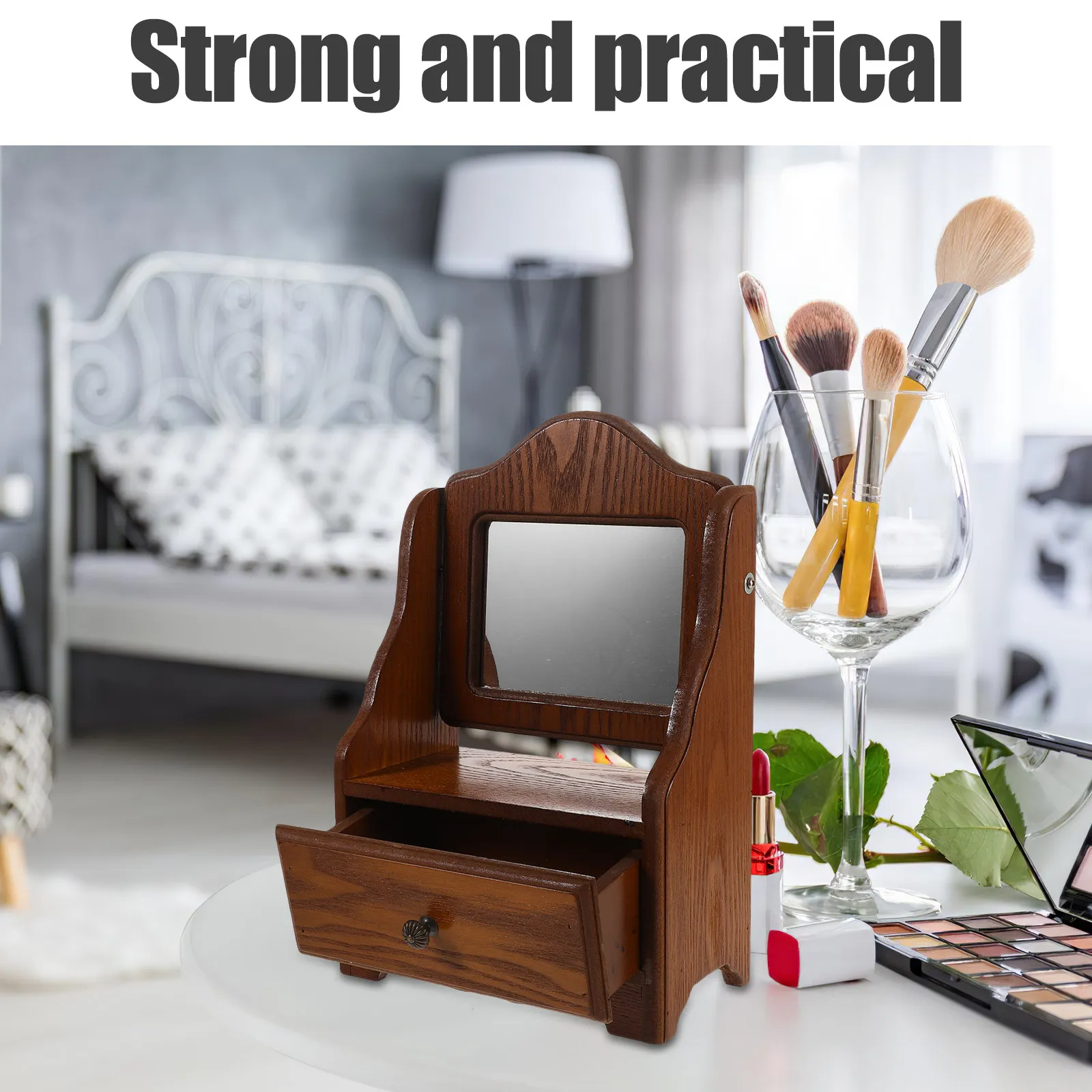 

High Definition Wood Frame Makeup Mirror French Vintage Style with Storage Drawer Desktop Vanity for Women Bedroom Countertop