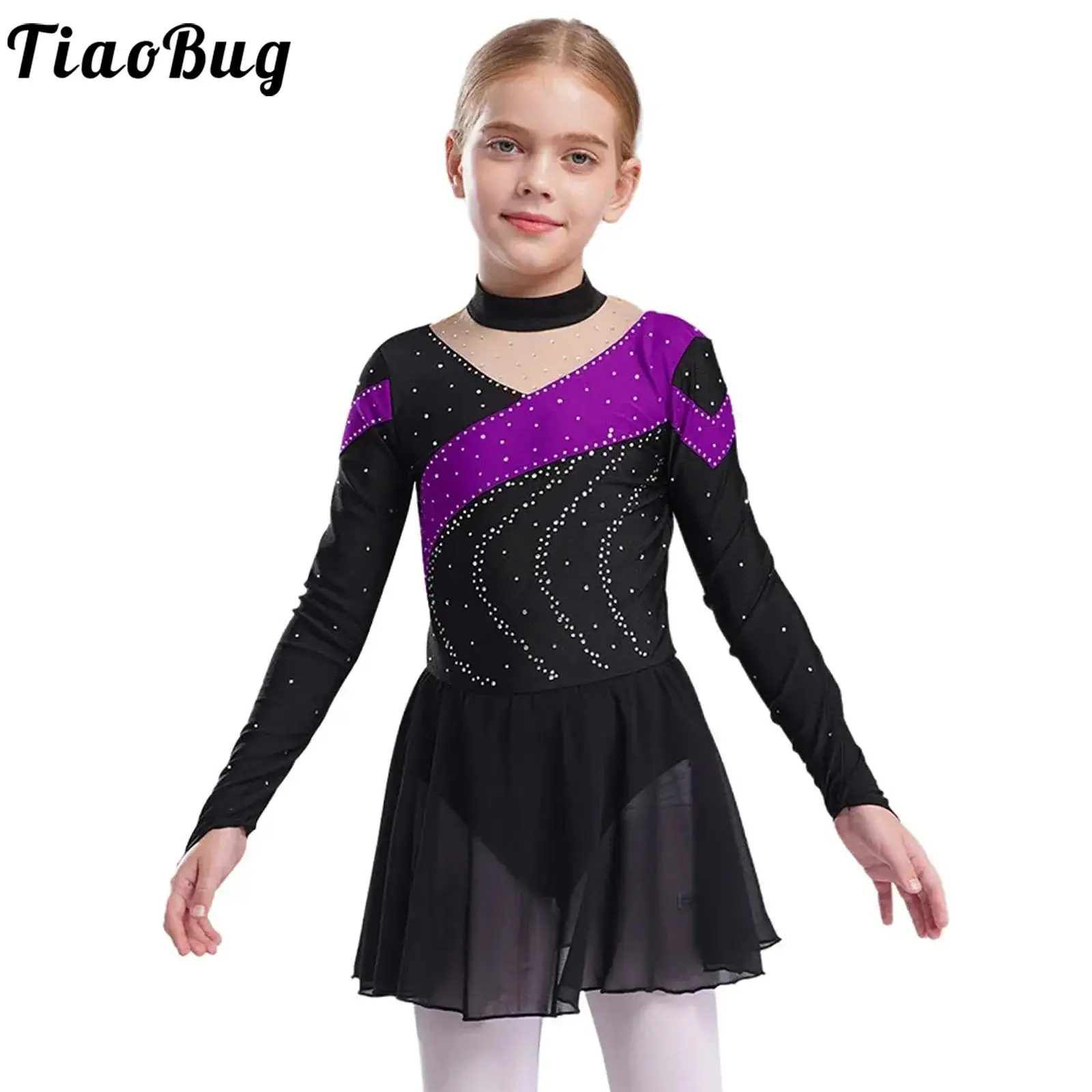 

Kids Girls Figure Ice Skating Dress Rhinestone Gymnastics Leotard Ballet Dance Tutu Long Sleeve Sheer Mesh Dress Dance Wear