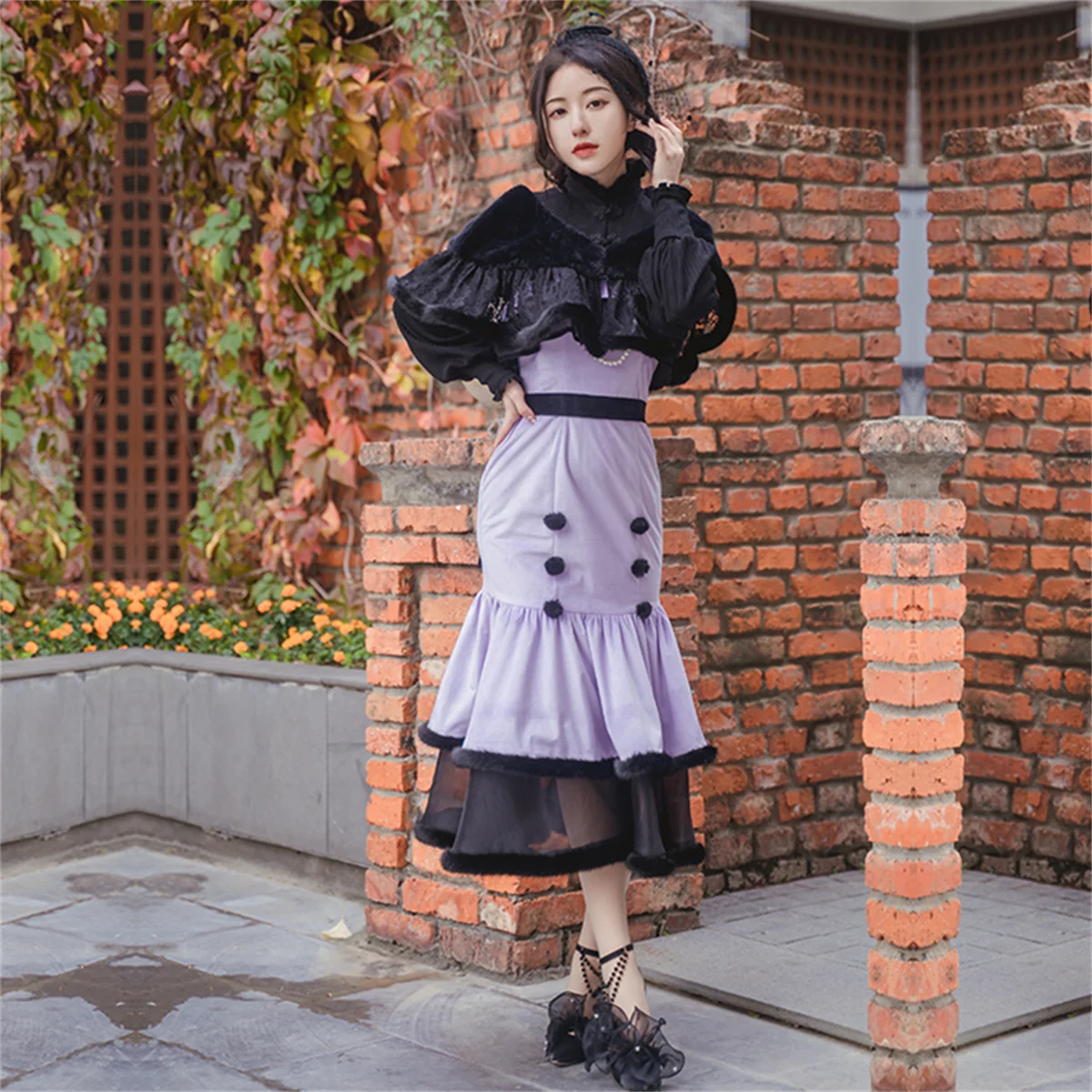 Lolita Jsk-Robe en queue de poisson à volants moelleux pour filles, style vintage élégant, boule de poils chaude, nœud papillon en dentelle taille haute, cosplay Tea Party