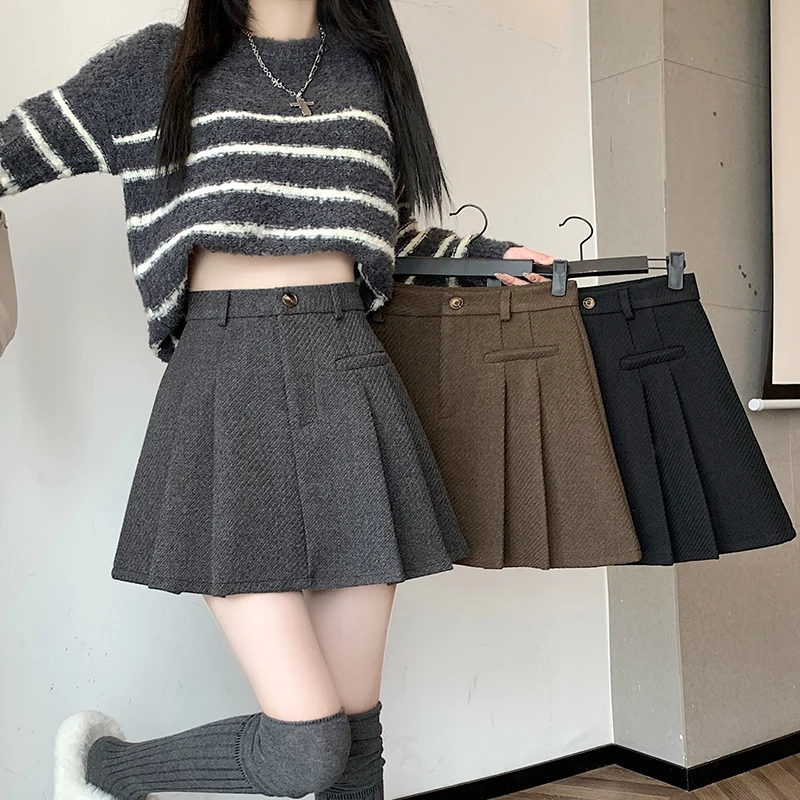 

Утепленная шерстяная юбка-костюм для женщин, осенне-зимняя, с высокой талией, приталенная, А-силуэт, плиссированная, короткая, непрозрачная, для прогулок и повседневной носки