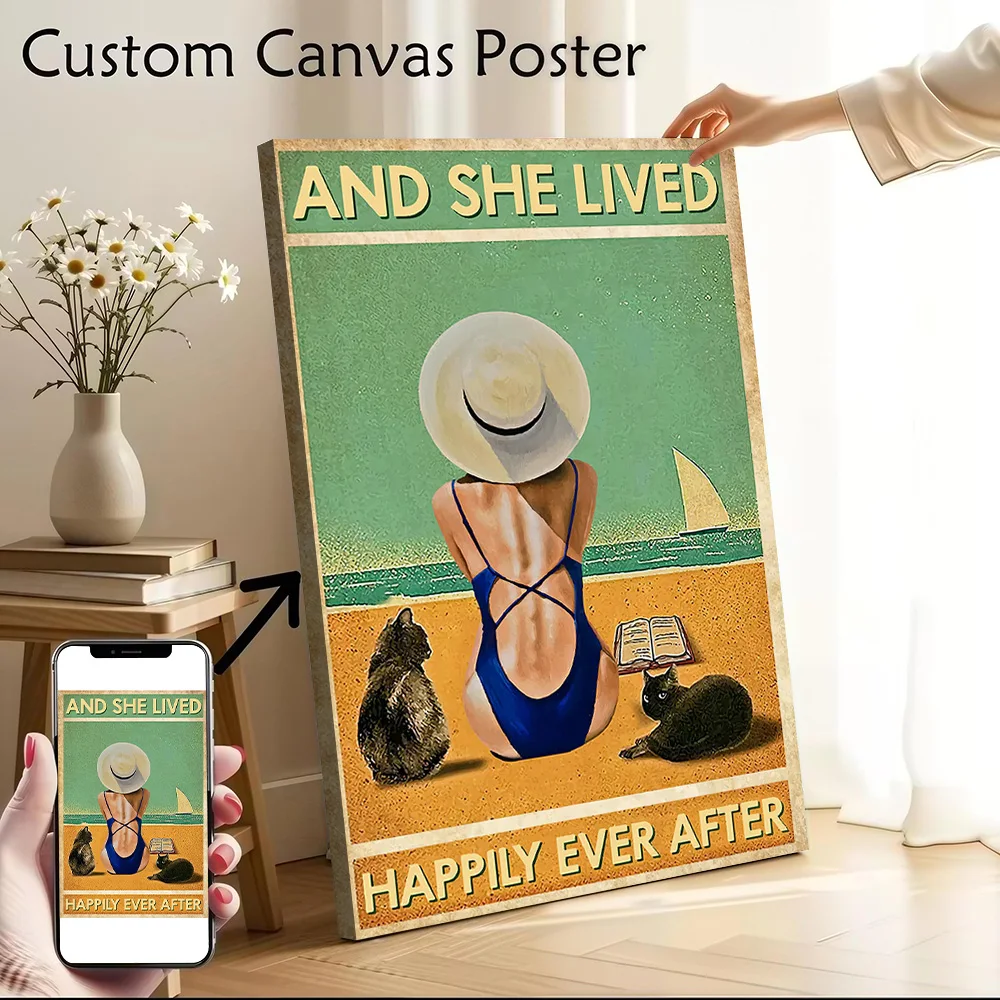 Cat And She Lived Happily Poster Canvas Wall Art Custom Photo Print Modern Painting for Fans Bedroom Gamer Decoration Home Decor