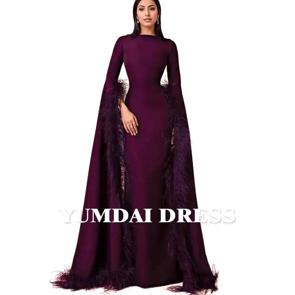 YUMDAI Luxurious Dubai Dark Purple Feather Cocktail Ball Gown 2024 Muslim Long Sleeve Blouse Mermaid Skirt Long Evening Gown