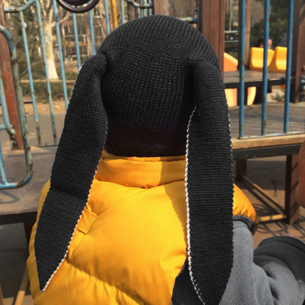 

Rabbit Ear Knitted Hat Black Acrylic Infant Warm Winter Kids Hat 25x25cm Earflap Hats Rabbit Ears Decoration Soft Stretchy